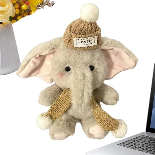 Elefanten- – graue Puppe | Weiches Elefanten-Spielzeugtier mit Mütze und Schal für Kinder, Erwachsene, Schlafzimmer, Sofa, Bett, Zuhause, Auto, Dekoration, 12,7 cm kleine Kuschelfigur, weicher St