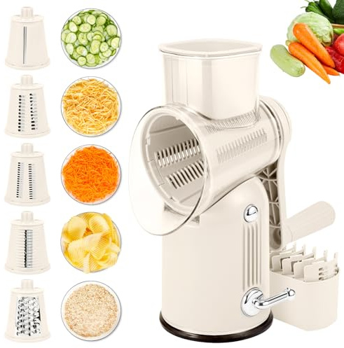 Râpe à fromage rotative avec poignée, râpe à manivelle 5 en 1 pour fruits, légumes, noix, base d'aspiration forte avec boîte de rangement, outil de cuisine