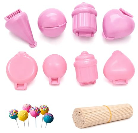 8Pcs Press Cakepop Molds Set, Pink Purple 4 Shapes with 50Pcs Sticks | Plastic, Hard Candy Lollipop Moulds, 150mm Wooden Sticks, for Baby Food DIY Rice Ball Dessert