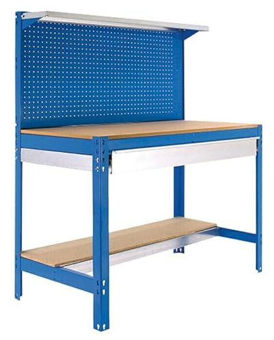 Simon Rack Banco da lavoro per officina, capacità di carico 400 kg, 1445x910x610 mm, Pannello Forato, Ripiano per cassetti, Tavolo da lavoro fai da te, Blu/Legno - BT3