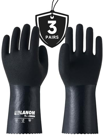 LANON 3 Pairs Nitrile Chemical Resistant Gloves, Reusable Heavy-Duty Rubber Gloves with MicroFoam Textured Palm, Acid, Alkali and Oil Protection, Black, XL