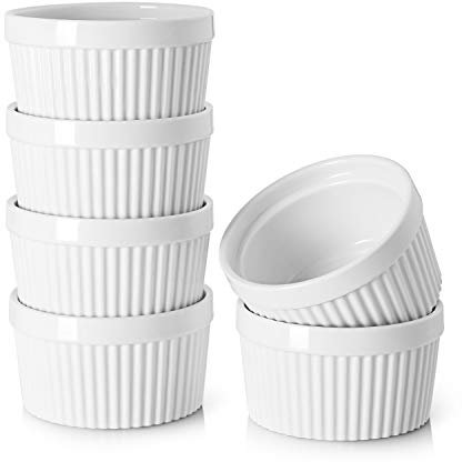 DOWAN Moldes para Soufflé Set, 6 X 235ml Baking Moldes de Porcelana para Hornear Crema Catalana, Tartas y Muffin, Cuencos de Postre, Apto para Lavavajillas, Microondas y Horno, Ø 10cm-Blanco