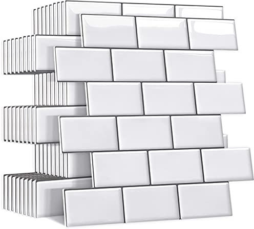 Yoillione Upgrade Thicker Peel and Stick Wall Tiles Backsplash for Kitchen and Bathroom, Metro Subway Tiles Self Adhesive Tile Stickers 3D Stick on Splashback White, 10 Sheets