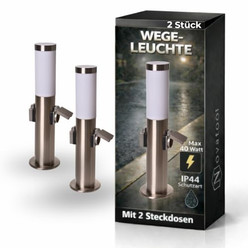 Novatool 2x Gartenlampen I 45 cm I mit 2 Steckdosen I Edelstahl I IP44 I E27 Sockel I Gartenleuchten Stehlampen Säulenlampen außen Stromverteiler Mehrfachsteckdose Steckdosensäule Outddoor