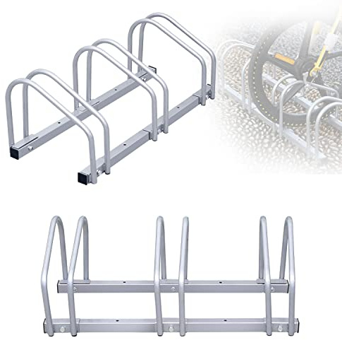 Randaco Râtelier Range vélo, Lot de 2 béquilles pour 3 vélos, béquille pour vélo, support de sol en acier galvanisé pour montage au sol et au mur, 26 x 70,5 x 32 cm, argenté