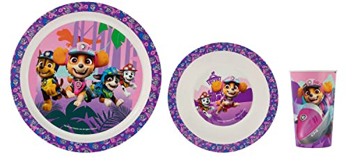 P:os 34827 PAW Patrol - Dino Rescue Frühstücksset, 3-teiliges Geschirrset mit Teller, Schüssel und Trinkbecher, Kindergeschirr aus Kunststoff, spülmaschinen-/mikrowellengeeignet