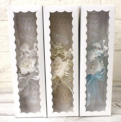 Beautiful Elegant Baptism Candle Flowers Crystals Cross Lace with Ribbon Favor, Christening, Blessing Day Ceremony Candle Gift Box (White)