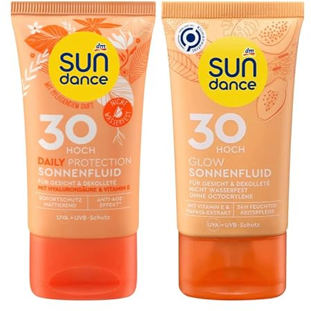 Sundance 2er-Set Sonnenschutz: Sonnenfluid Daily Protection mit Hyaluronsäure, LSF 30, 50 ml + Sonnenfluid Glow Feuchtigkeitspflege für Gesicht & Dekolleté mit Papaya-Extrakt, LSF 30, 50 ml, (100 ml)
