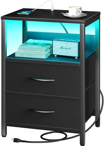 Yoobure Nightstand with Charging Station, LED Night Stand with Fabric Drawers and Storage Shelf for Bedroom, Nightstands Bedside Tables with USB Ports & Outlets, Small Night Stands, Bed Side Table