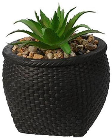 Artificial Succulents Potted Small Plants Fake Decorative in Cement Pot Rattan Look Faux Decorative Succulent Plant for Table Desk Office Home Houseplant Garden Kitchen Décor Gift (Black)