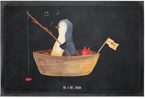 Mr. & Mrs. Panda 60 x 90 cm Fußmatte Pinguin Angelboot - Geschenk, optimistisch, Neuanfang, Scheidung, Schmutzfänger, Fußmatte Outdoor, Gummimatte,