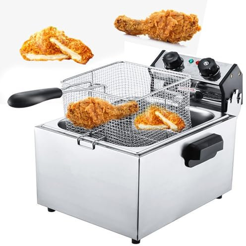 JIANGSS Friggitrici elettriche Grandi da 10 Litri, padelle Commerciali in Acciaio Inossidabile Addensato Senza fumi con cestello e Coperchio, Temperatura Regolabile da 60 a 200 ° C per Pollo