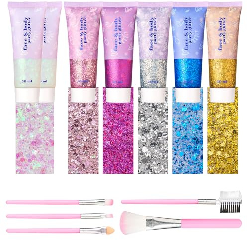 7 Stück Body Glitter Gel, Glitzer Gesicht Festival Glitzer Gesicht, Glitzer Schminke Glitzer Make Up Für Gesicht,Body Glitzer Gel Gesicht,Glitzergel(2Weiß+Hellrosa+Dunkelrosa+Silber+Blau+Gold+5 Pinse)