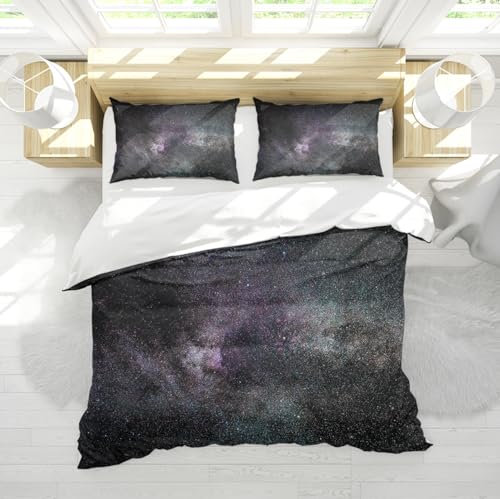 DINGSION Bettwäsche Set 3-teilig Galaxie Sterne Weltraum Astronomie Planeten Universum Milchstraße Muster Schlafzimmer Bettwäsche Set mit 2 Kissen Shams 4 Krawatten 160 x 200 cm