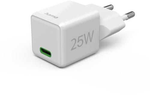 Hama Schnellladegerät, 25W, USB-C, Super-Mini-Format, Power Delivery | Ladegerät, weiß, unterstützt PD und Qualcomm Quick Charge, 25 Watt, 2,9 x 2,75 x 2,75 cm, ideal für Samsung