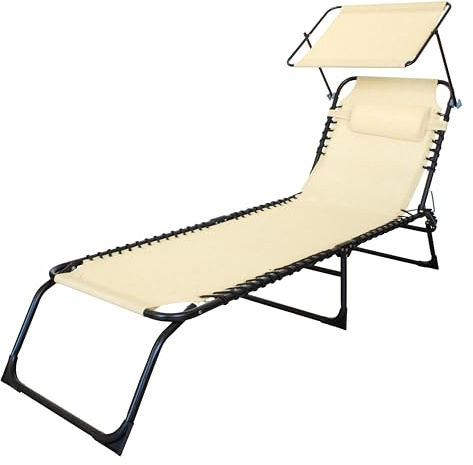 Lettino Prendisole Pieghevole con Tetto Parasole e Cuscino – Struttura in Acciaio, Telo Textilene, 190x58 cm – Per Giardino, Terrazzo, Piscina o Spiaggia – Blu/Grigio/Ecrù