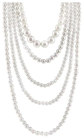 UAIAGM Collana di perle da donna Collane di perle multifila lunghe impilate Collane di perle bianche imitazione voluminose vintage per donne stile 1920s Flapper