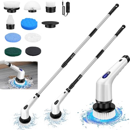 10 in 1 Electric Spin Scrubber, Cordless Cleaning Brush with 10 Replacement Heads & Adjustable Extension Long Handle, IPX6 Waterproof Shower Scrubber Powerful Cleaning Tool Kit for Bathroom Floor Tile