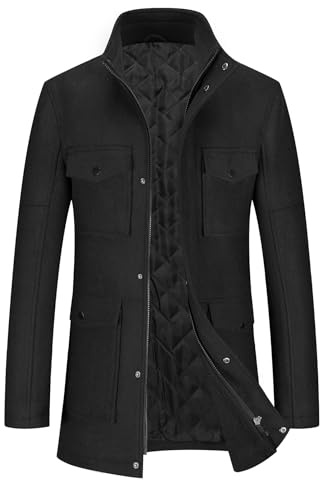 Allthemen Trenchcoat för män vinter varm kappa ledig ståkrage normal passform ytterkläder medellängd peacoat med dragkedja, Svart, 3XL