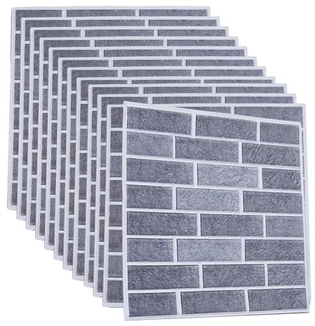 SUPERFINDINGS 12 paneles de pared 3D para despegar y pegar, 30 cm, papel tapiz cuadrado de ladrillo 3D de PVC gris, autoadhesivos, paneles de pared de piedra sintética para decoración de dormitorio,