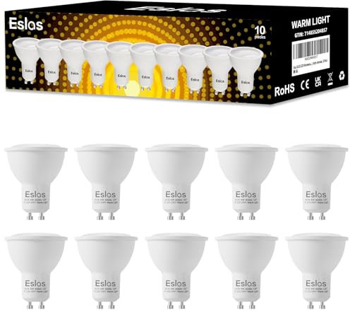 Eslas Ampoules Gu10 LED Blanc Chaud 3000K, 6W 600lm, Équivalent à 60W, 120 Degrés Larges Faisceaux, Non-dimmable, Lot de 10