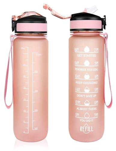 Lepat 1L Sport Water Bottle with Straw, Leakproof Design Plastic Drinks Bottle, Sports Water Bottles with Time Markings, BPA Free Sports Drinks Bottle for Fitness, School, Gym, Outdoor Sports (Pink)