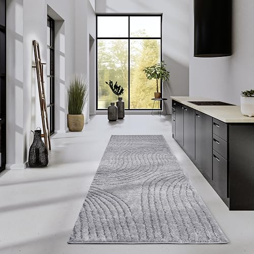 Elle Decoration Hochflor Teppich Pigment – Moderner Wohnzimmerteppich Läufer, Langflor Shaggy, Modernes Muster, Flauschig Weich Boho für Wohnzimmer, Schlafzimmer – Hellgrau, 80x240cm