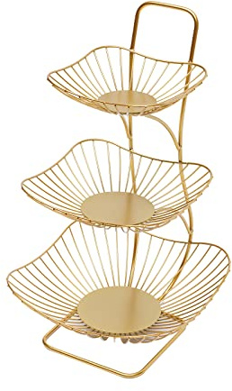 ARBGO Frutero de metal de 3 pisos, frutero de hierro, cesta de verduras de tres niveles, cesta decorativa vintage para frutas, para verduras, pan y frutas en la cocina (hoja de loto, dorada)