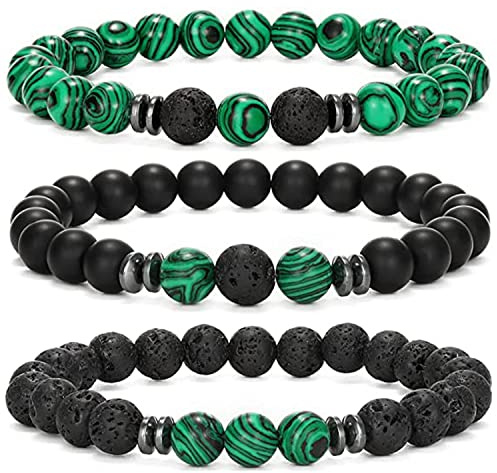 APMGONT 3 PCS Piedra Natural Pulsera Juegos Para Hombres 8MM Ojo de Tigre Roca de Lava Piedra Volcánica Elástico Negro Cristal Cuentas Pulsera Cuentas Ágata Hombres Joyería Regalos (Malaquita)