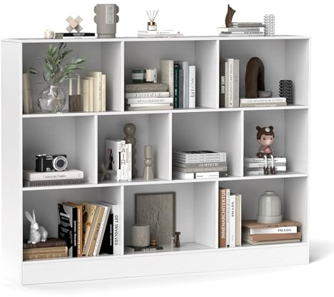 COSTWAT Libreria a 10 Cubi, Organizzatore di Stoccaggio a 3 Ripiani con 2 Kit Anti-Ribaltamento, Scaffale Multiuso in Legno per Soggiorno Camera da Letto Ufficio, 140x24x104 cm (Bianco)