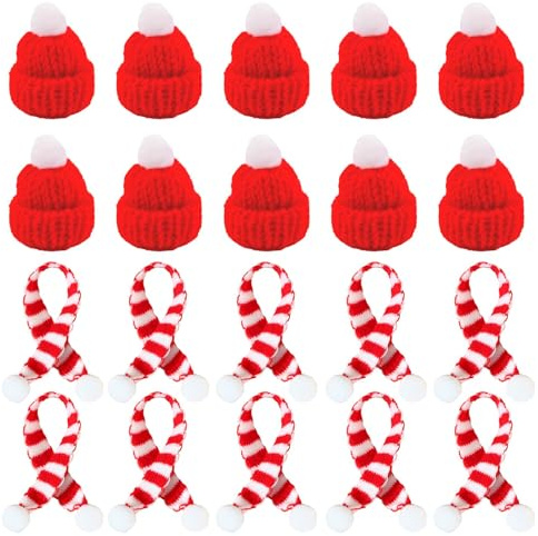 eModwey 20 Stück Mini Weihnachtsmütze und Schal Set,Mini-Strickmütze des Weihnachten für Weinflasche Abdeckung, Puppenhaus Dekoration,Weihnachtsfeiern Zubehör