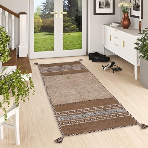 Pergamon Navarro Corridoio Rosa - Tappeto Kilim Tessuto a Mano in 100% Cotone, Design Tradizionale, Resistente e Facile da Pulire, Ideale per corridoi, Soggiorno e Ingresso, Tappeto Senza Tempo