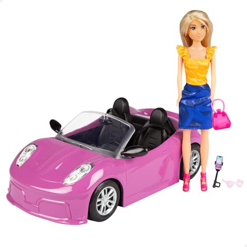 ColorBaby Isabella Muñeca articulada con Coche, 27 cm, Descapotable de Juguete, Incluye Accesorios, Gafas Sol, Móvil, Soporte para selfis, Bolso, Refresco, Muñecas para niña, Regalos +3 años (47813)
