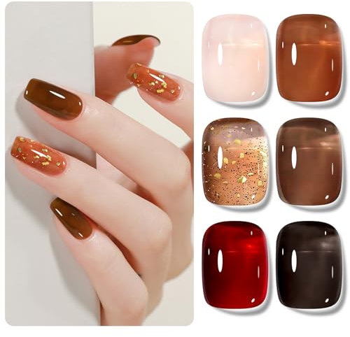 Shining She UV Nagellack, 6 Farben Rot Schwarz Nude Rosa Kaffee Braun Karamellbraun Jelly Nail Polish UV, Herbst Winter Transparent Gellack Set Soak-Off UV Lack für Anfänger DIY Nail Art, 8ml