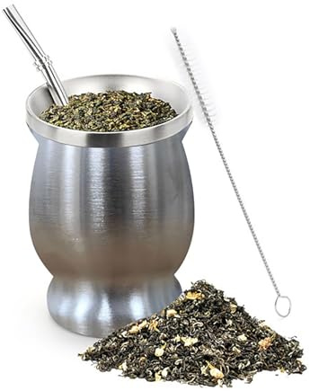 Uclac Taza de yerba mate de acero inoxidable, juego de calabaza de doble pared de 8 onzas con popote y cepillo, juego de tazas de té de calabaza natural Yerba Mate para hombres y mujeres