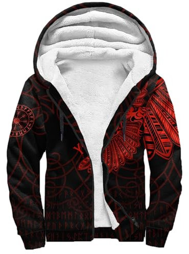 Odin Raven 3D Printed Zip Men's Winter Jacket, Nordic Warm Viking Wolf Sherpa Wool Hoodie, Soft Outdoor Outerwear(Rune,4XL)