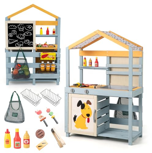 DREAMADE 3 in 1 Matschküche Kinder Outdoor, Outdoorküche aus Tannenholz mit abnehmbarem Waschbecken & BBQ-Grill & Tafel, doppelseitige Spielküche Kinderküche mit Zubehör für Kinder ab 3 Jahren