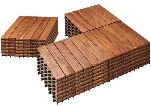 PrimeZone 27 PCS Solid Acacia Wood Interlocking Deck Tiles - 12 x 12 Waterproof Indoor Outdoor Patio Flooring Decking Tiles for Balcony, Backyard & Poolside, All Weather Use, Natural Wood
