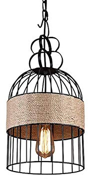 Hemp Rope Pendant Light Metal Black Chandelier Wrought Iron Twine Birdcage Chandelier 1 Lights,E27 Socket Compatible with Hanging Light Decoration,Pendant Lights