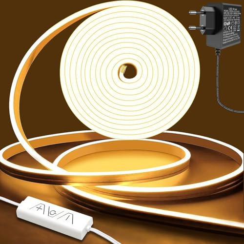 Tiras LED de Neón 2M, 120LED/Metro, 24V Cálido Luces LED, Regulable 240 LED, Alto Brillo 3000K , IP65 con Fuente Alimentación y Controlador, para Decoración Hogar, Cocina, Dormitorio, Tiendas, Bares