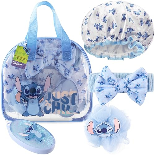 Get Trend Disney Stitch Trousse de Toilette et Coffret Accessoires Douche Femme Ado Fille, Brosse à Cheveux Bonnet de Bain Bandeau Éponge, Idée Cadeau (Bleu Stitch)