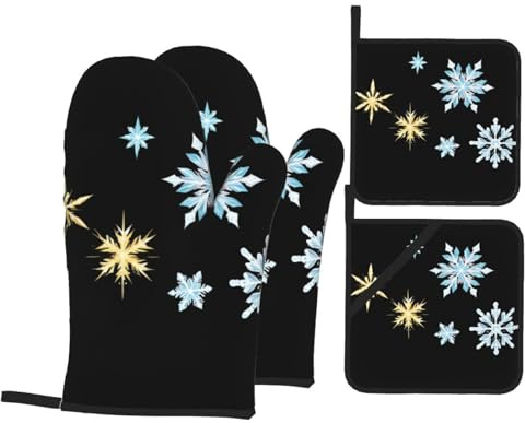 YYHWHJDE Star ice Crystal Carving Pattern Kitchen Baking 4-Piece Set - Insulated Oven Mitt and Pot Holders Anti-scalding and Heat Insulation