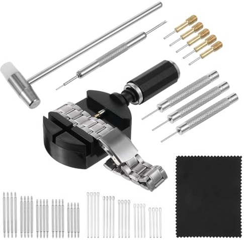 FdcLixuvol Uhrenarmband Reparatur Werkzeug Set, 52 Stück Anpassen Uhrenarmband Werkzeug, Reparatur Set mit Uhrenregulatoren, Uhrenstifte, Hämmer, Federstege, Uhrenhammer, Stanznadel (Schwarz)