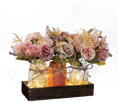 SUNNY BROOK 3PCS Artificial Fall Flowers in Mason Jars with Rustic Wood Tray – Pink & Brown Fake Rose Floral Centerpiece, Faux Flower for Farmhouse Autumn Decor Kitchen, Coffee Table, Tiered Tray