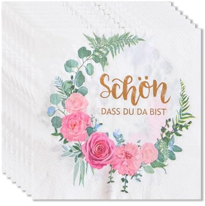 ParPix 20 Stück Servietten Schön Dass Du Da Bist, 33x33cm Eukalyptus Serviettens Hochzeit, Schön Das Du Da Bist Servietten Geburtstag, Geburtstagsservietten, Papierservietten Tischdeko Hochzeit Taufe