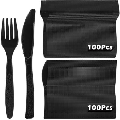 YOMKILU 200 Stück Wiederverwendbares Besteck Set, 100x Messer und 100x Gabeln, Cutlery Set für Partys, Feiern, Feste, Hochzeiten, Schwarz
