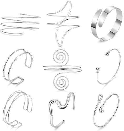 SOMEITIA 9Pcs Arm Cuff Bracelets Gold Upper Arm Cuff for Women Adjustable Upper Arm Bangle Bracelet Minimalist Irregular Arm Bangle Armband Coil Swirl Armlets Armband Jewelry Set StyleB Silver
