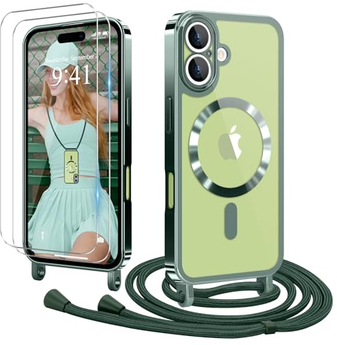 Ethanger für iPhone 17 Hülle mit Band + 2 Schutzfolie, Grün | Handyband Transparent Silikon Handyhülle, Magnetische Schutzhülle Case zum Umhängen Kordel