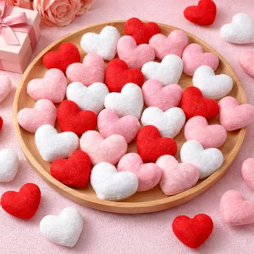 Hahafelt 36 Pieces Valentines Day Hearts Shaped Felt Crafts 2.4 Inch Valentines Decor Pink Red White Heart Vase Filler Beads Pom Pom for Valentine's Day DIY Decor Centerpieces