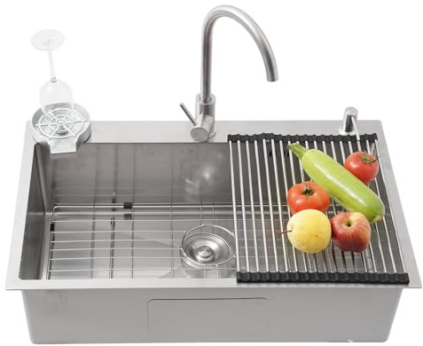 Fregadero Cocina En Acero Inoxidable 304,Fregadero De Un Seno,1 Seno Grande Plata, Bajo Encimera O Sobre Encimera Con Filtro De Drenaje Para RV, Lavadero, Bar(Silver-a,70x50cm)